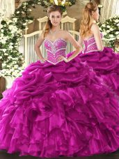 Fuchsia Sweet 16 Dress Military Ball and Sweet 16 and Quinceanera with Beading and Ruffles and Pick Ups Sweetheart Sleeveless Lace Up