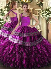 Chic Fuchsia Sleeveless Embroidery and Ruffles Floor Length Sweet 16 Dresses