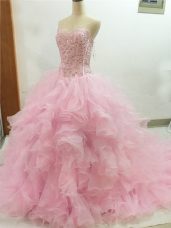 Designer Baby Pink Organza Lace Up Sweetheart Sleeveless Quinceanera Dresses Brush Train Beading and Ruffles