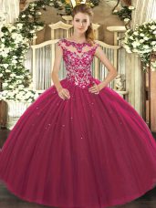 Cap Sleeves Floor Length Beading and Appliques Lace Up Ball Gown Prom Dress with Fuchsia