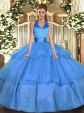 Free and Easy Baby Blue Halter Top Neckline Ruffled Layers Vestidos de Quinceanera Sleeveless Lace Up