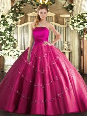 Artistic Sleeveless Floor Length Appliques Lace Up Quinceanera Gown with Hot Pink