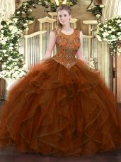 Spectacular Tulle Scoop Sleeveless Zipper Beading and Ruffles Quinceanera Dresses in Brown