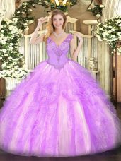 Cute Sleeveless Organza Floor Length Lace Up Quinceanera Dresses in Lilac with Beading and Ruffles