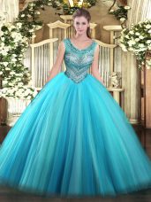 Scoop Sleeveless Tulle Ball Gown Prom Dress Beading Lace Up