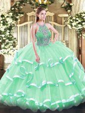 Apple Green Ball Gowns Halter Top Sleeveless Tulle Floor Length Lace Up Beading and Ruffled Layers 15 Quinceanera Dress