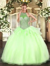 Halter Top Sleeveless Sweet 16 Dress Floor Length Beading Yellow Green Tulle