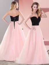 Fashionable Sweetheart Sleeveless Prom Party Dress Floor Length Belt Pink And Black Tulle