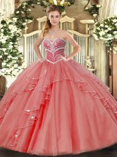 Pretty Floor Length Coral Red Vestidos de Quinceanera Tulle Sleeveless Beading and Ruffles