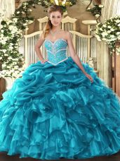 Best Selling Teal Sweetheart Neckline Beading and Ruffles and Pick Ups Quince Ball Gowns Sleeveless Lace Up