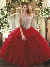 Fantastic Beading and Ruffles 15th Birthday Dress Wine Red Lace Up Sleeveless Floor Length