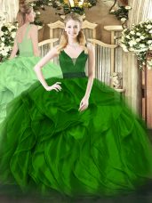 Green Ball Gowns Straps Sleeveless Organza Floor Length Zipper Beading and Ruffles Sweet 16 Dress