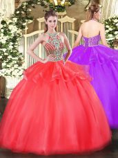 Hot Selling Tulle Halter Top Sleeveless Lace Up Beading and Ruffles Quinceanera Gowns in Coral Red