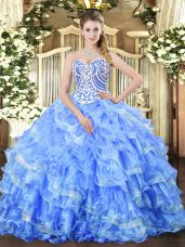Best Selling Floor Length Blue 15 Quinceanera Dress Organza Sleeveless Beading and Ruffled Layers