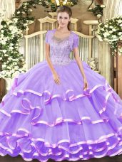 Nice Lavender Sleeveless Tulle Lace Up Quinceanera Dress for Military Ball and Sweet 16 and Quinceanera