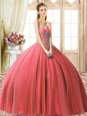 Sweetheart Sleeveless Sweet 16 Dress Floor Length Beading Coral Red Tulle