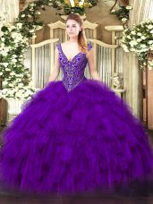 Modern Purple Lace Up V-neck Beading and Ruffles Quinceanera Dresses Organza Sleeveless