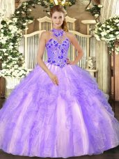 Admirable Sleeveless Floor Length Beading and Ruffles Lace Up Sweet 16 Quinceanera Dress with Lavender