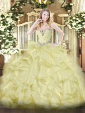 Hot Sale Yellow Lace Up Sweetheart Beading and Ruffles Ball Gown Prom Dress Organza Sleeveless
