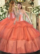 Coral Red Ball Gowns Sweetheart Sleeveless Tulle Floor Length Lace Up Beading and Ruffled Layers Quinceanera Gown