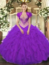 Purple V-neck Neckline Beading and Ruffles Quinceanera Dresses Sleeveless Lace Up