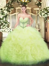 Yellow Green Ball Gowns Sweetheart Sleeveless Organza Floor Length Lace Up Beading and Ruffles and Pick Ups Vestidos de Quinceanera