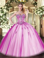 Excellent Fuchsia Lace Up Sweetheart Beading and Appliques Vestidos de Quinceanera Tulle Sleeveless