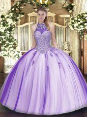 Most Popular Tulle Halter Top Sleeveless Lace Up Beading and Appliques Quinceanera Gowns in Lavender