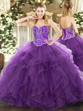 Perfect Floor Length Eggplant Purple 15 Quinceanera Dress Sweetheart Sleeveless Lace Up