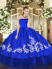 Hot Selling Floor Length Zipper Vestidos de Quinceanera Royal Blue for Military Ball and Sweet 16 and Quinceanera with Embroidery