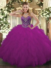 Sleeveless Tulle Floor Length Lace Up 15 Quinceanera Dress in Fuchsia with Beading and Ruffled Layers