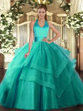 Super Tulle Halter Top Sleeveless Lace Up Ruffled Layers 15th Birthday Dress in Turquoise