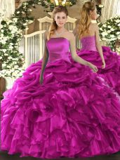Fuchsia Lace Up Sweet 16 Quinceanera Dress Ruffles and Pick Ups Sleeveless Floor Length