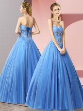 Eye-catching Baby Blue Sleeveless Tulle Lace Up Prom Evening Gown for Prom and Party