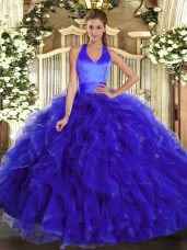 Hot Sale Royal Blue Halter Top Lace Up Ruffles 15th Birthday Dress Sleeveless