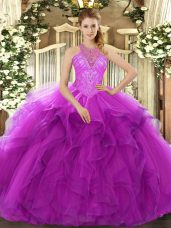 Pretty Fuchsia Ball Gowns Organza High-neck Sleeveless Beading and Ruffles Floor Length Lace Up Vestidos de Quinceanera