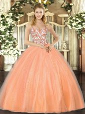 Orange Lace Up Quince Ball Gowns Beading and Appliques Sleeveless Floor Length