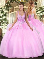 Beading Quinceanera Dresses Pink Lace Up Sleeveless Floor Length