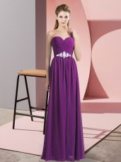 Inexpensive Purple Chiffon Lace Up Womens Party Dresses Sleeveless Floor Length Beading