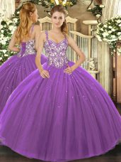 Luxurious Purple 15th Birthday Dress Sweet 16 and Quinceanera with Beading and Appliques Straps Sleeveless Lace Up