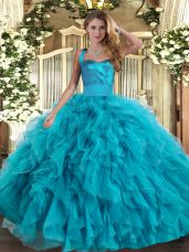Teal Ball Gowns Halter Top Sleeveless Tulle Floor Length Lace Up Ruffles 15th Birthday Dress
