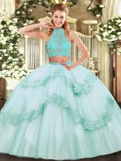 Apple Green Two Pieces Halter Top Sleeveless Tulle Floor Length Criss Cross Beading and Appliques and Ruffles Ball Gown Prom Dress