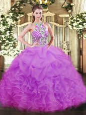 Deluxe Lilac Ball Gowns Beading and Ruffles 15 Quinceanera Dress Lace Up Tulle Sleeveless Floor Length