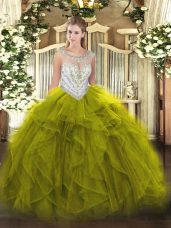 Colorful Scoop Sleeveless Quinceanera Dress Floor Length Beading and Ruffles Olive Green Tulle