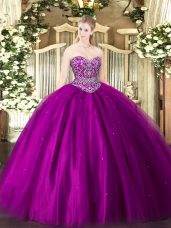 Custom Made Sleeveless Floor Length Beading Lace Up Quinceanera Gown with Fuchsia