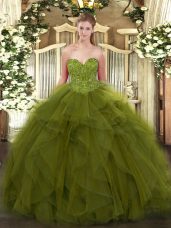 Amazing Ball Gowns Vestidos de Quinceanera Olive Green Sweetheart Tulle Sleeveless Floor Length Lace Up