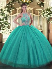 Charming Turquoise Tulle Lace Up Quinceanera Dress Sleeveless Floor Length Beading