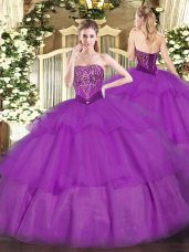 Chic Purple Lace Up Strapless Beading and Ruffled Layers Ball Gown Prom Dress Tulle Sleeveless