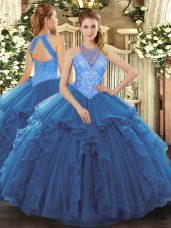 Floor Length Lace Up Sweet 16 Dress Blue for Military Ball and Sweet 16 and Quinceanera with Beading and Ruffles