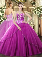 Fuchsia Ball Gowns Beading Ball Gown Prom Dress Lace Up Tulle Sleeveless